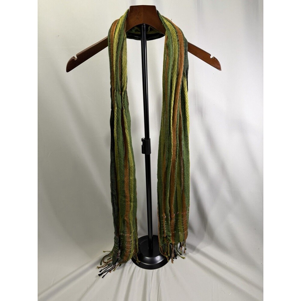 Unbranded Green, Gold and Orange Crinkle Scarf W/Tassels Preppy